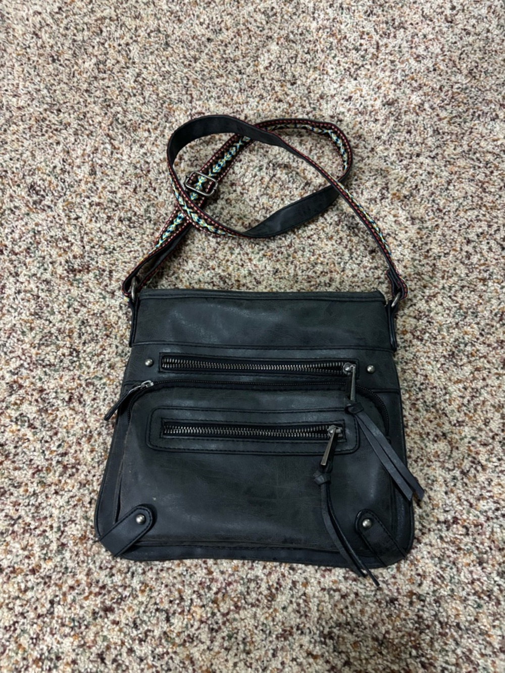 Black Crossbody Shoulder Bag with Patterned Strap